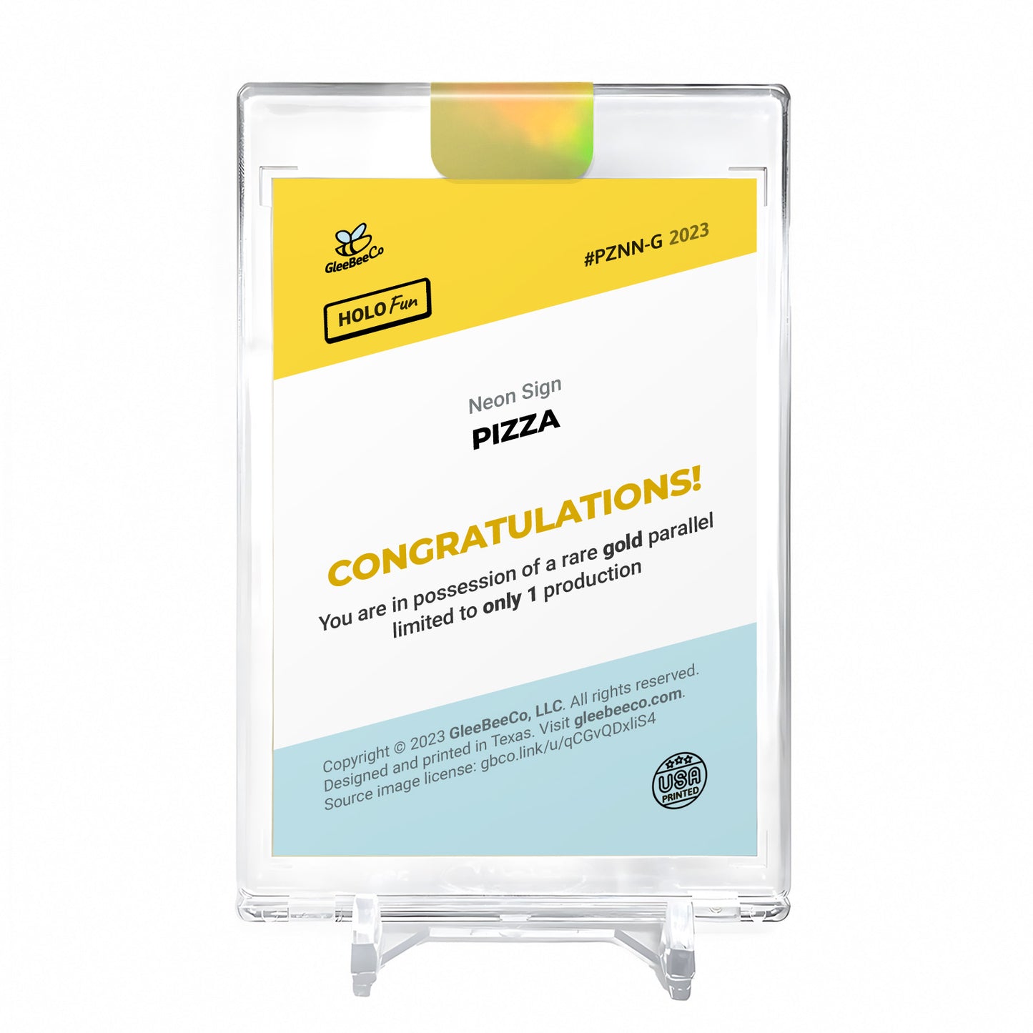 PIZZA Neon Sign Trading Card 2023 GleeBeeCo Holographic #PZNN *GOLD* Encased 1/1