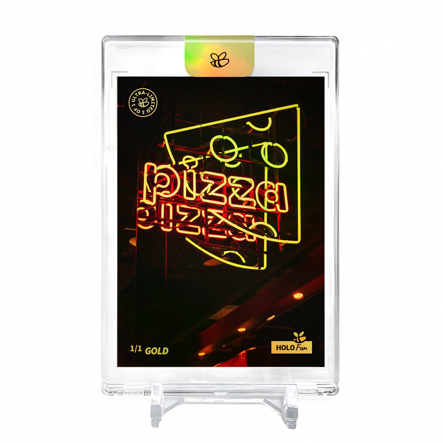 PIZZA Neon Sign Trading Card 2023 GleeBeeCo Holographic #PZNN *GOLD* Encased 1/1