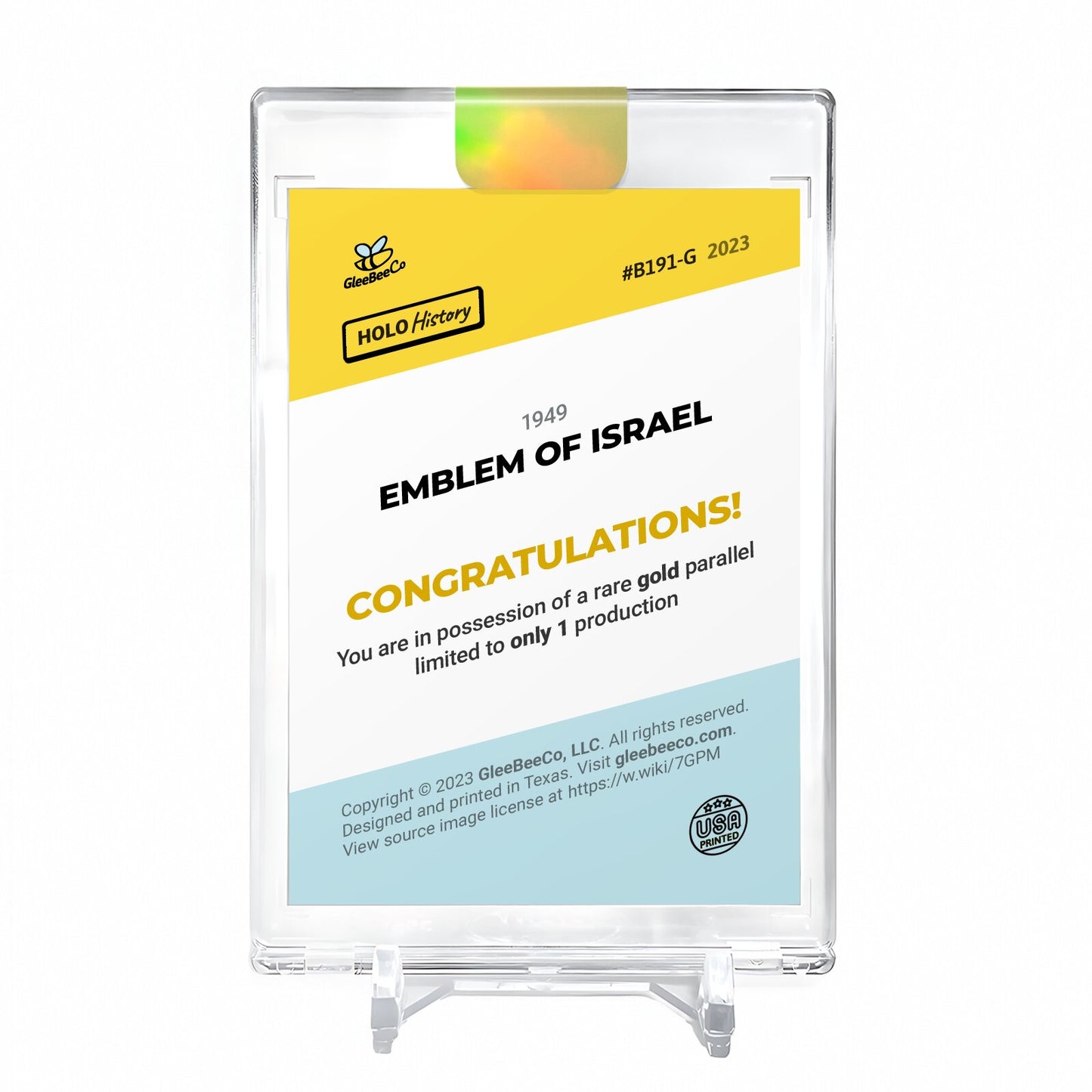 EMBLEM OF ISRAEL 1949 Card 2023 GleeBeeCo #B191-G Encased Holo GOLD 1/1