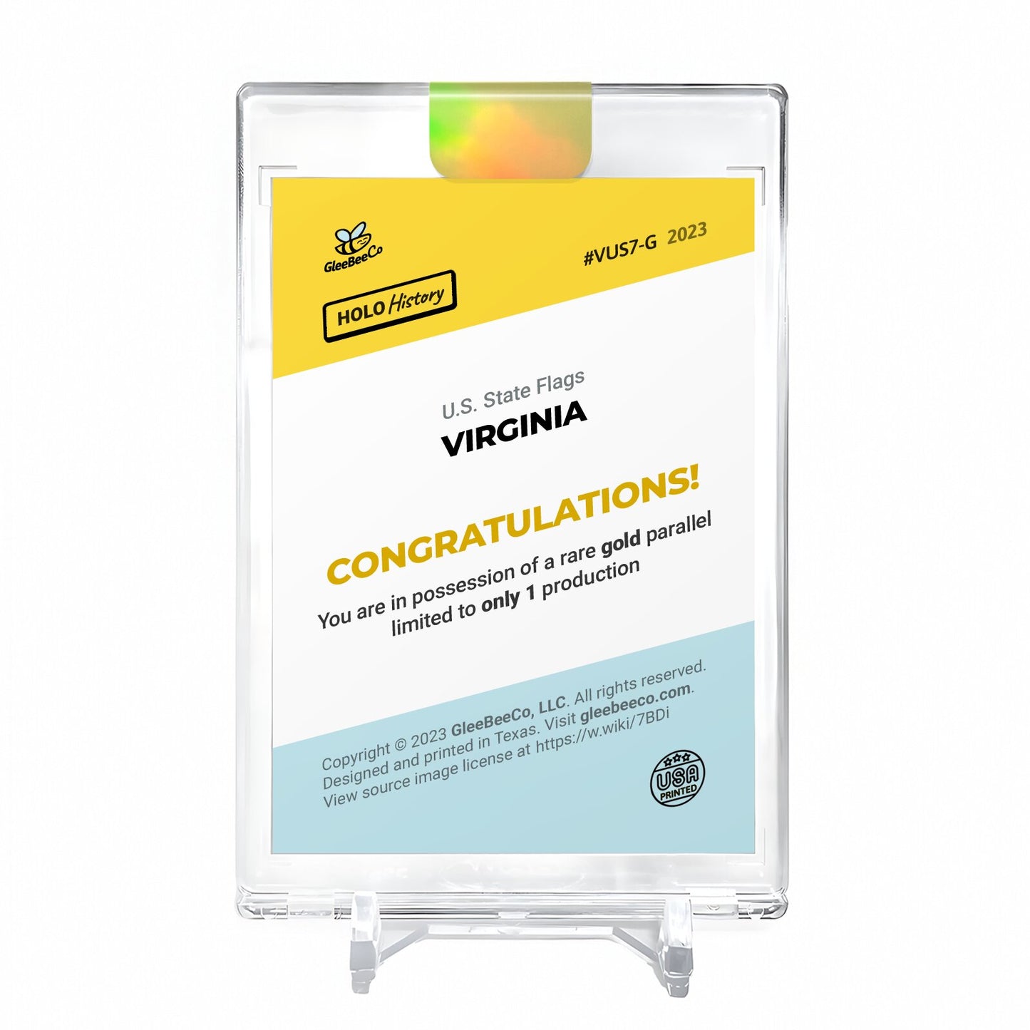 VIRGINIA FLAG U.S. State Flags Card 2023 GleeBeeCo #VUS7-G Encased Holo GOLD 1/1