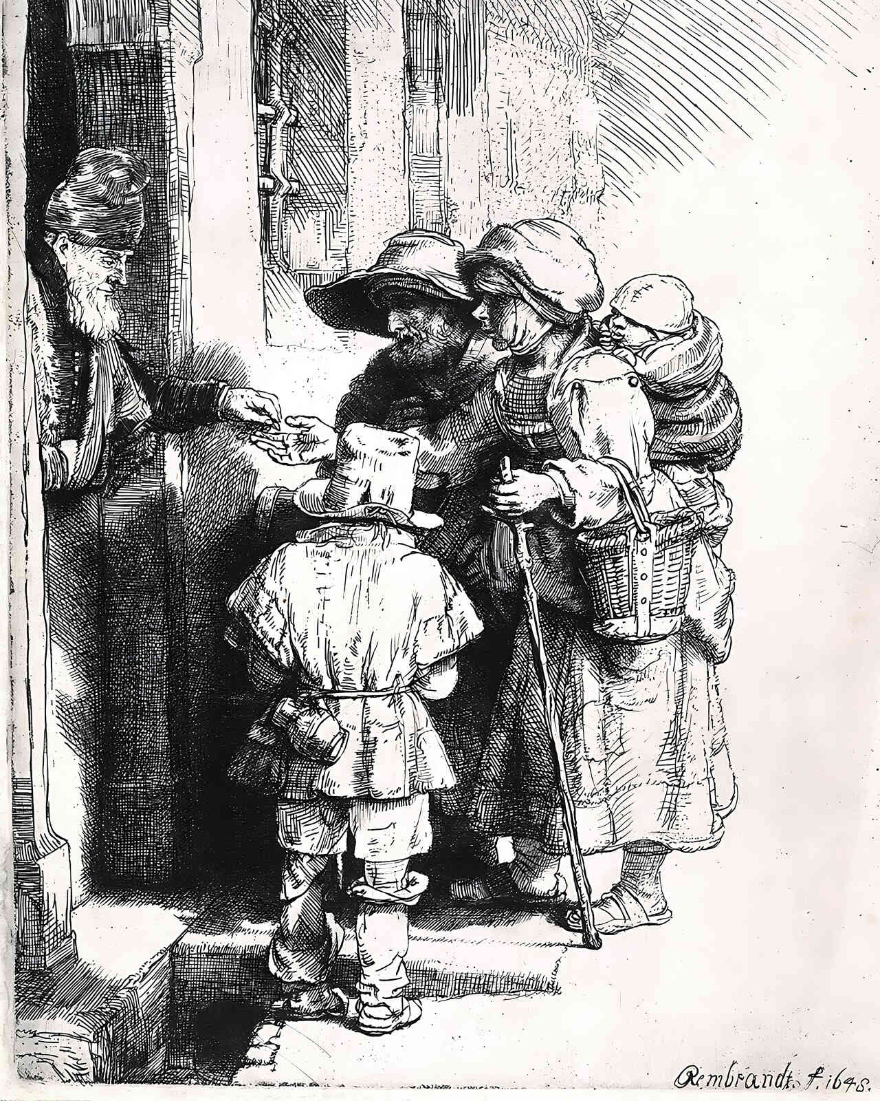 Beggars on the Doorstep of a House Painting by Rembrandt 8x10" Art Print