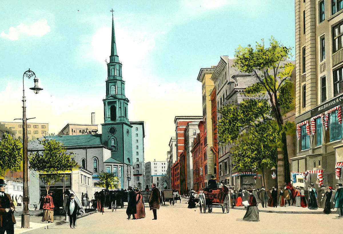 Tremont St Showing Park St Church, Boston, MA in 1907 Vintage Print (7 Sizes)