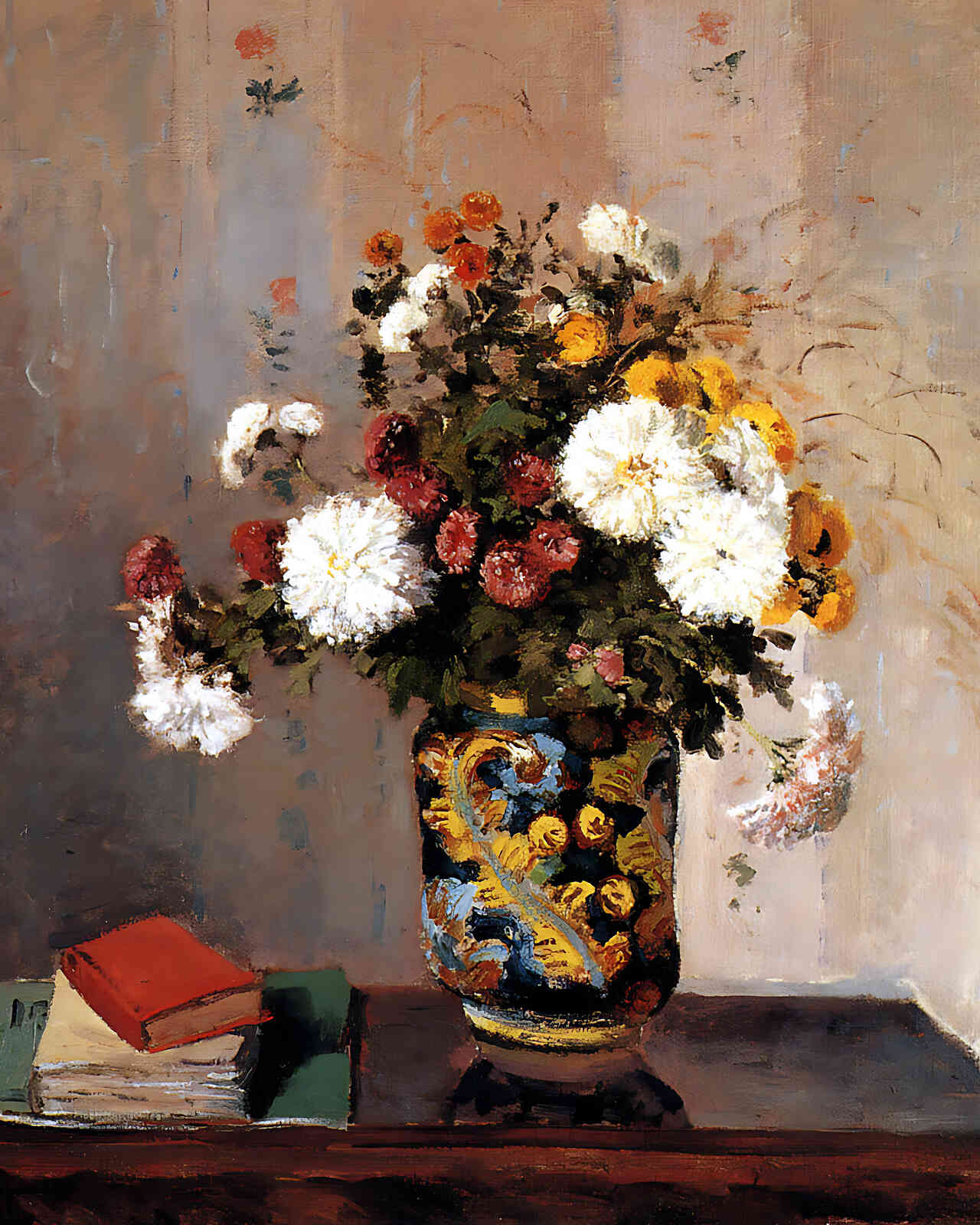 Chrysanthemums in a Chinese Vase Painting by Camille Pissarro 8x10" Art Print