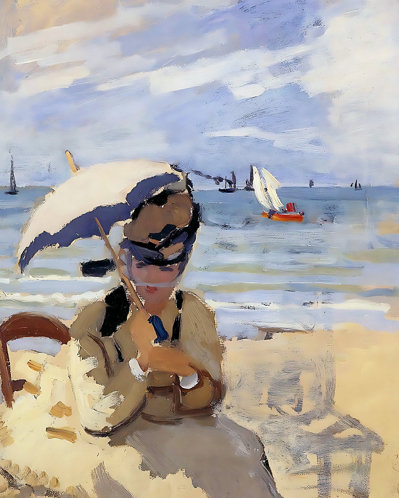 Camille Sitting on the Beach at Trouville Painting by Claude Monet 8x10" Art Print
