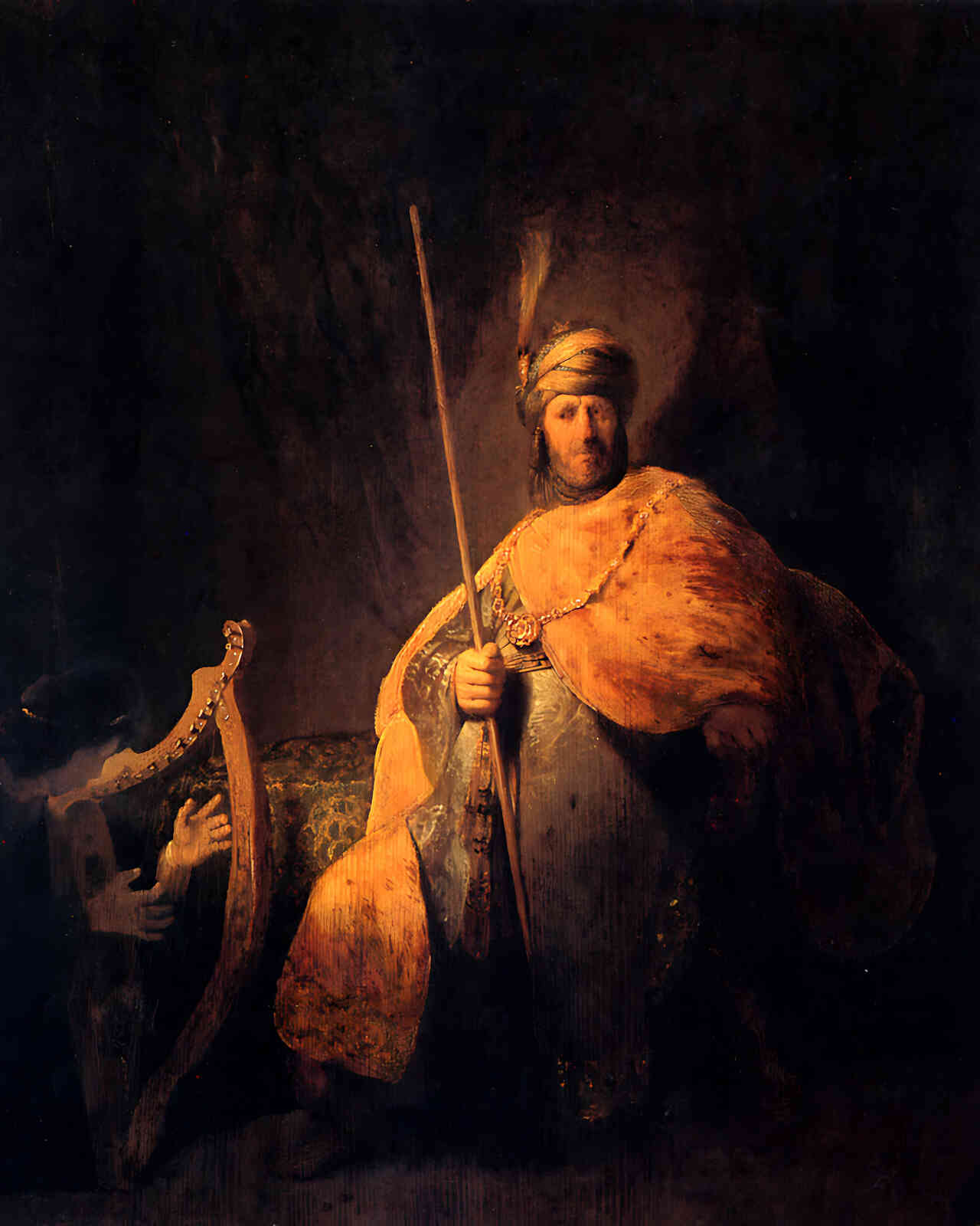 David Playing the Harp to Saul Painting by Rembrandt 8x10" Art Print - Restored