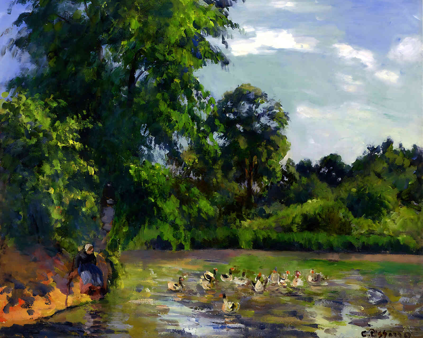 Ducks on the Pond at Montfoucault Painting by Camille Pissarro 8x10" Art Print