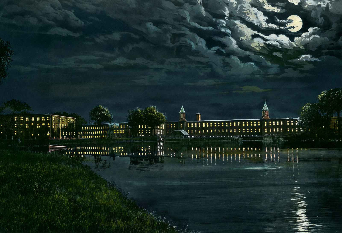 The Mills at Night from Brookside, Easthampton, MA in 1910 Vintage Print