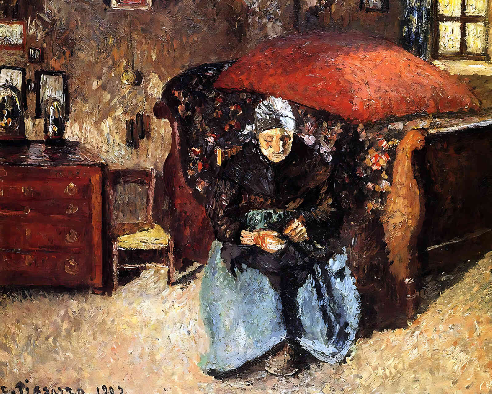 Elderly Woman Mending Old Clothes