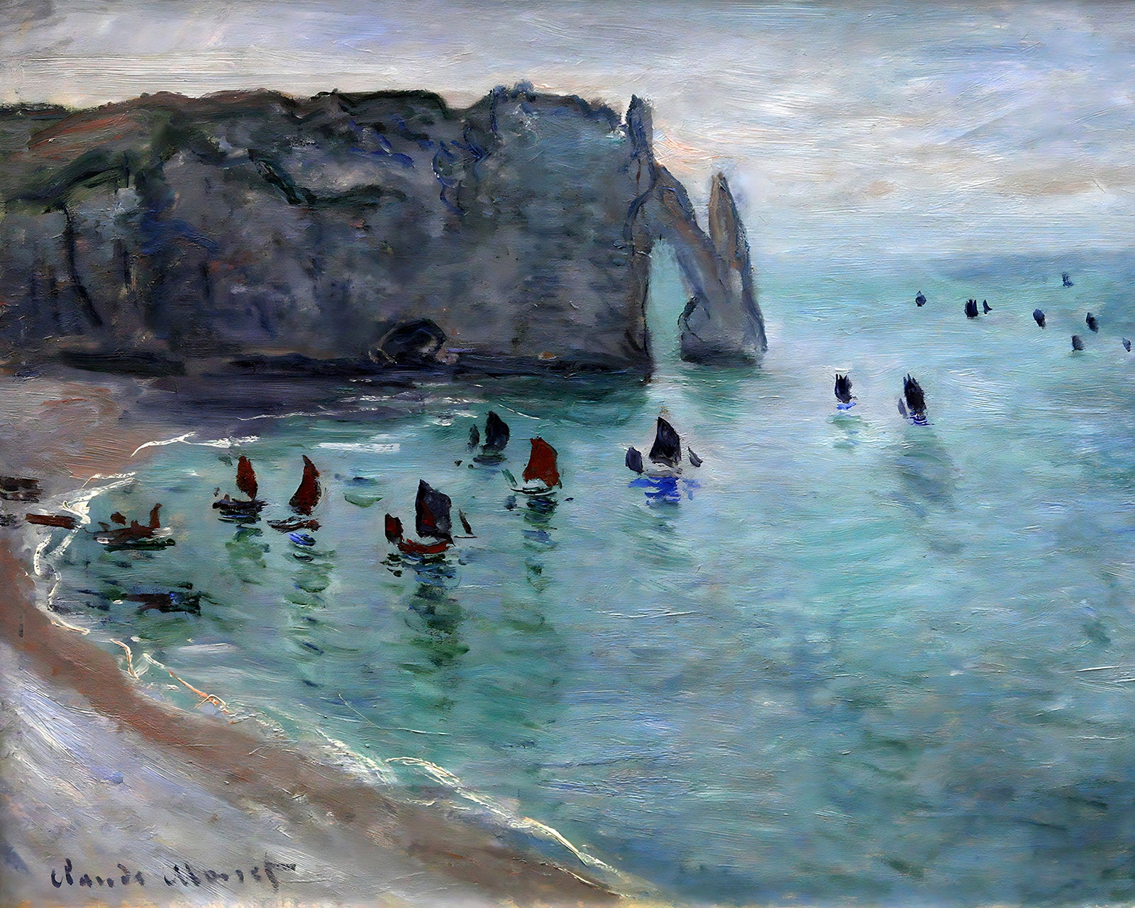 Etretat the Aval Door Fishing Boats Leaving the Harbour Painting by Claude Monet 8x10" Art Print