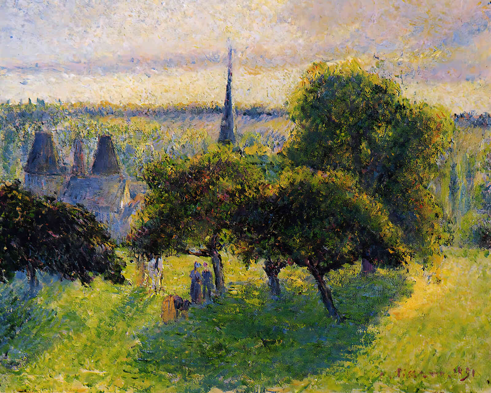 Farm and Steeple at Sunset Painting by Camille Pissarro 8x10" Art Print
