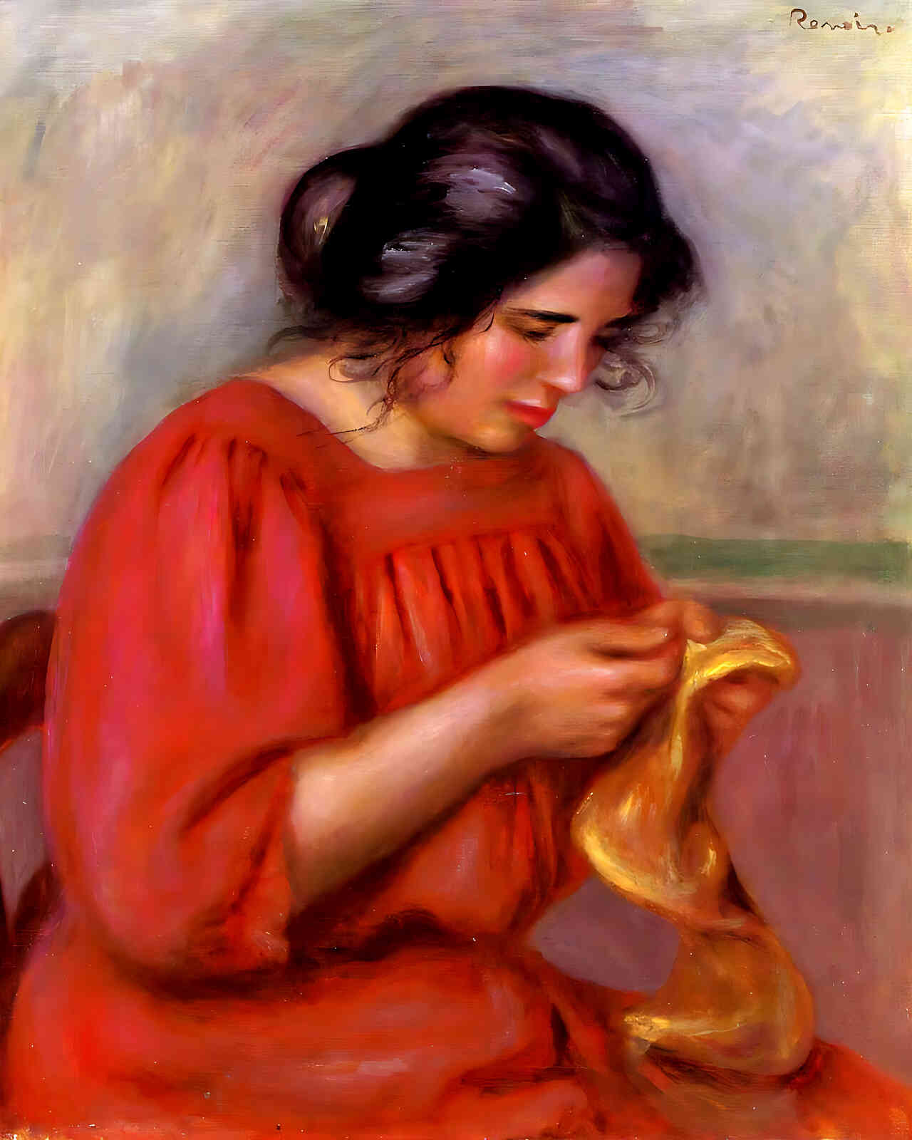 Gabrielle Mending Painting by Pierre-Auguste Renoir 8x10" Art Print - Restored