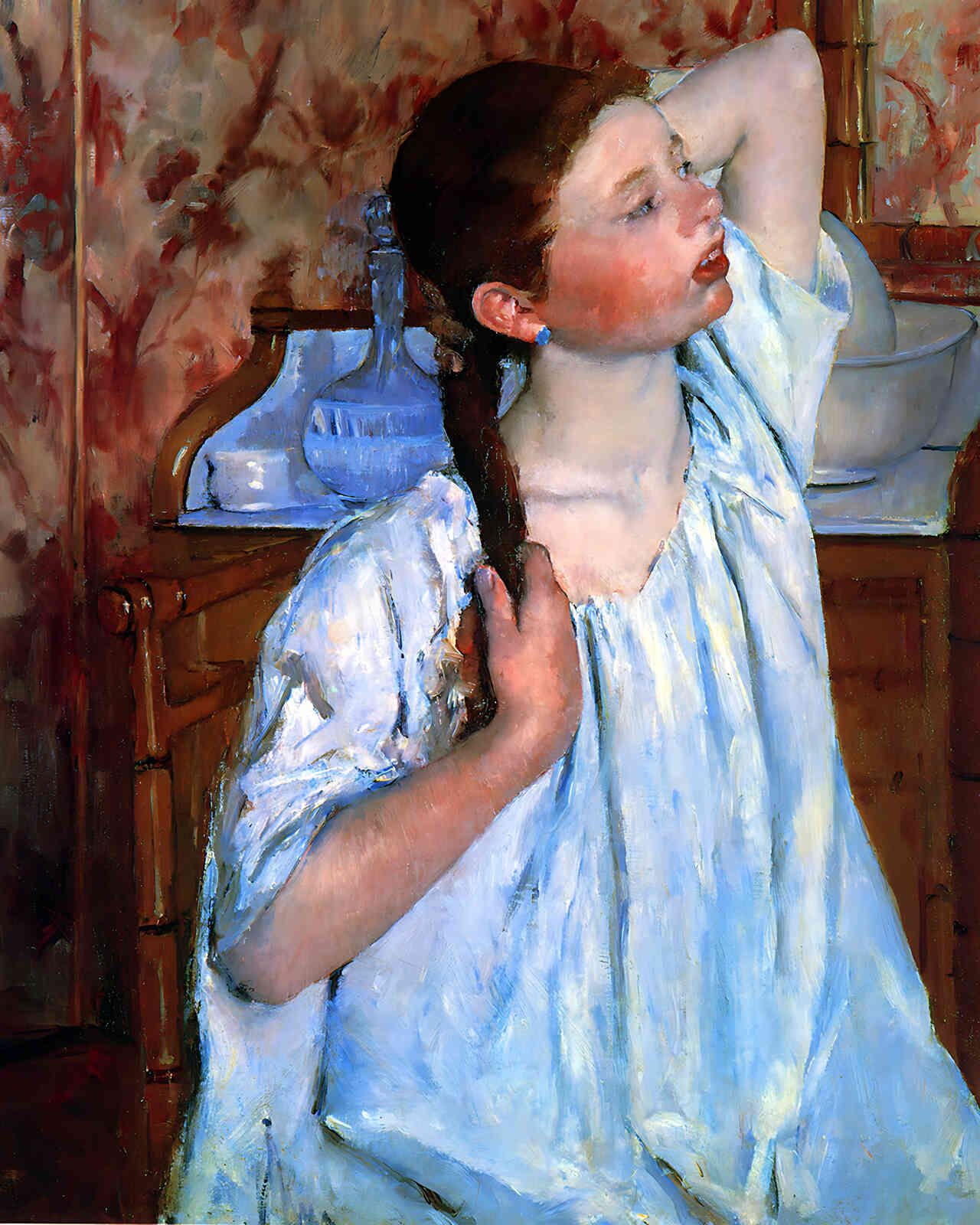 Girl Arranging Her Hair Painting by Mary Cassatt 8x10" Art Print - Restored