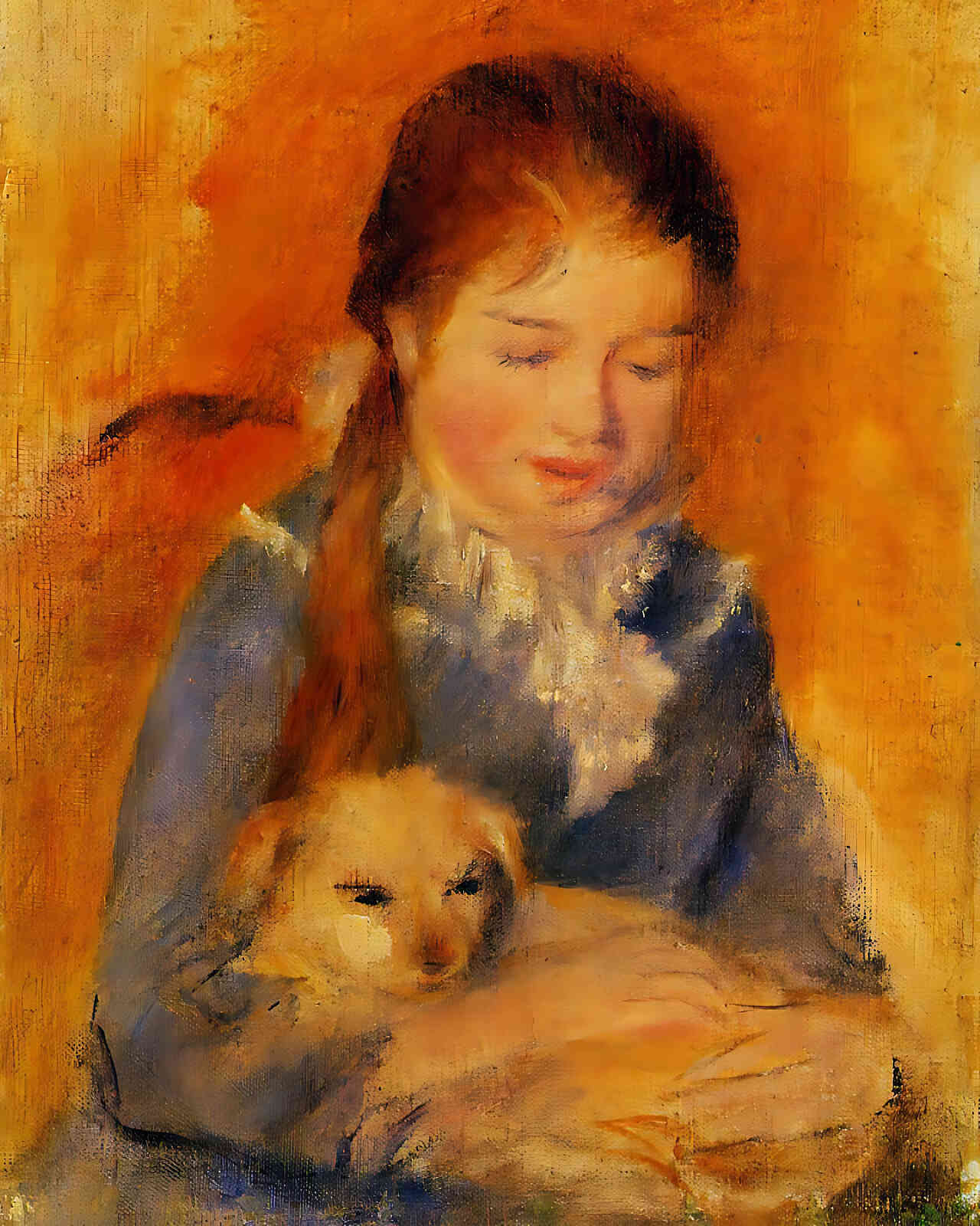 Girl with a Dog Painting by Pierre-Auguste Renoir 8x10" Art Print - Restored