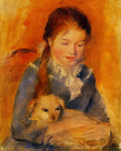 Girl with a Dog Painting by Pierre-Auguste Renoir 8x10" Art Print - Restored