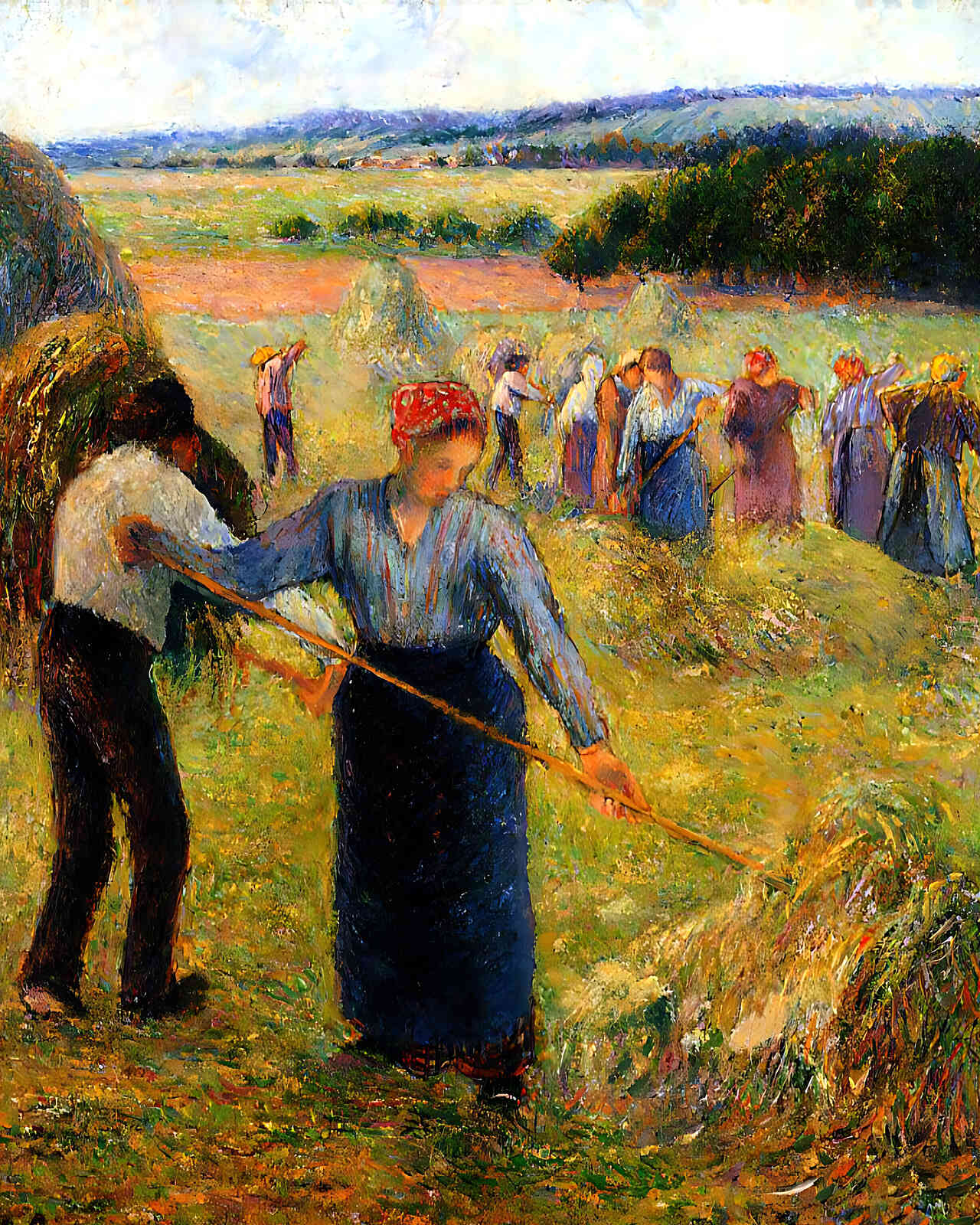 Haymaking at Eragny Painting by Camille Pissarro 8x10" Art Print - Restored
