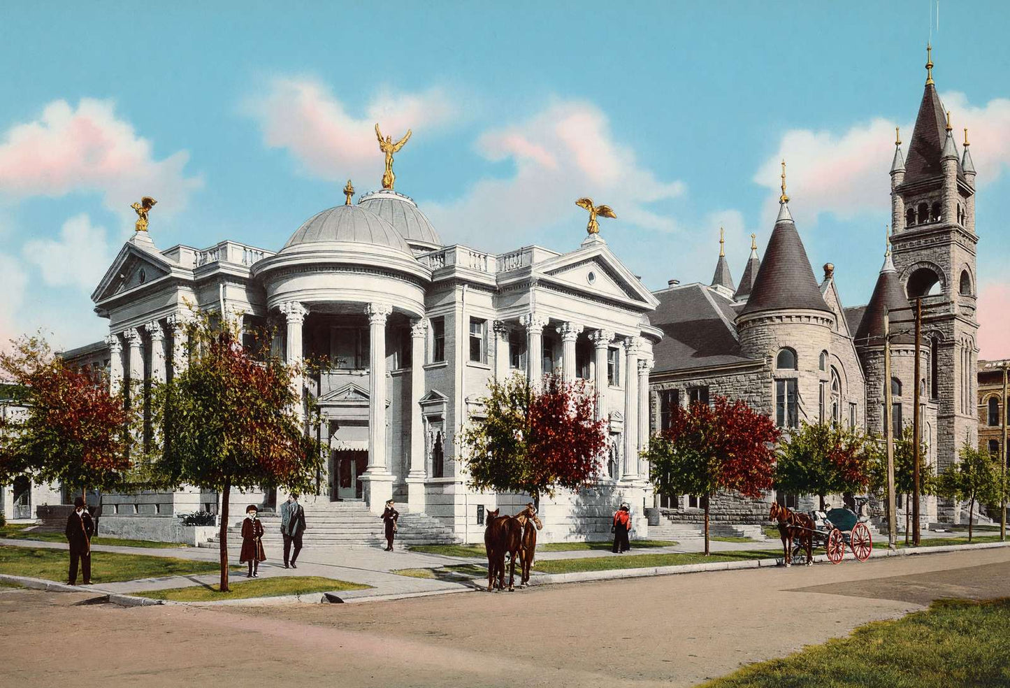 Carnegie Library and Presbyterian Church Houston in 1908 Vintage Print (7 Sizes)