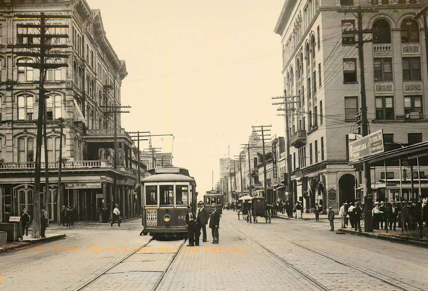 Main St Looking North from Texas Ave Houston in 1907 Vintage Print (7 Sizes)