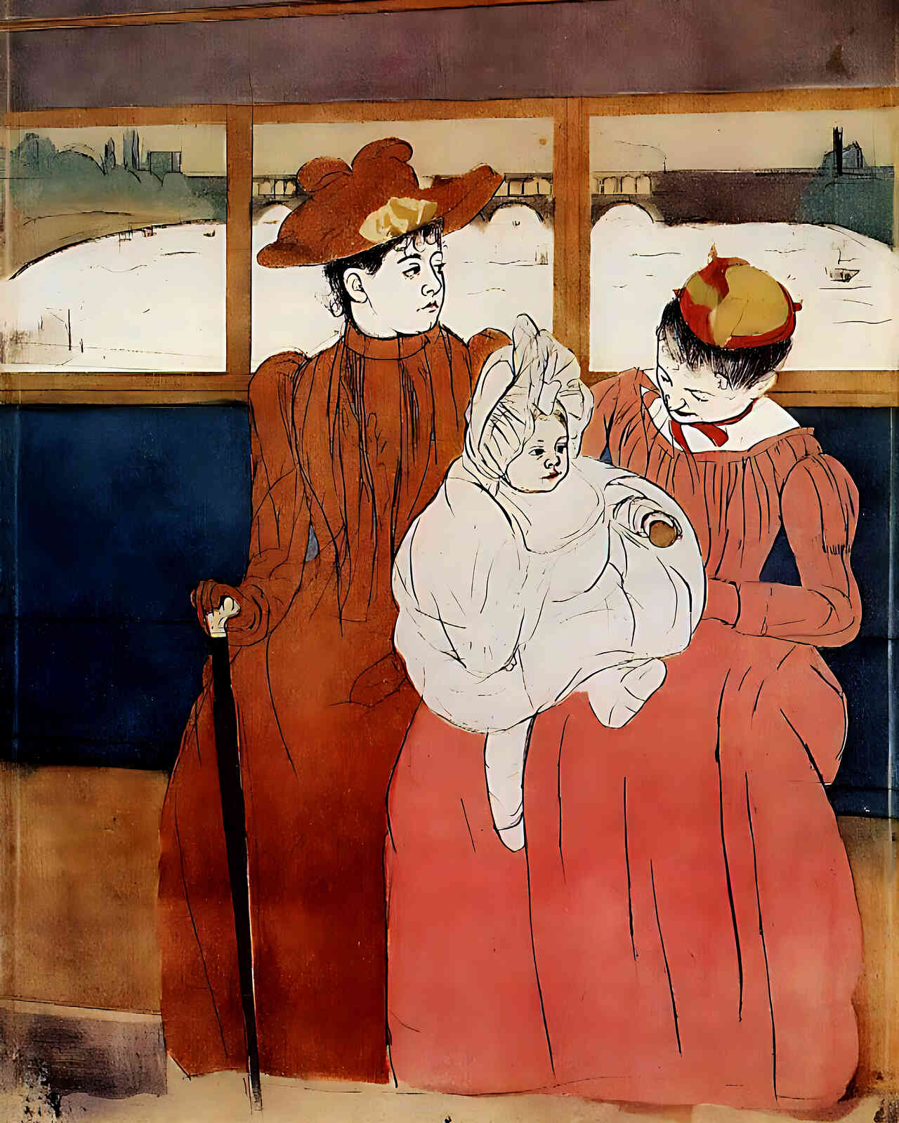 Interior of a Tramway Passing a Bridge Painting by Mary Cassatt 8x10" Art Print