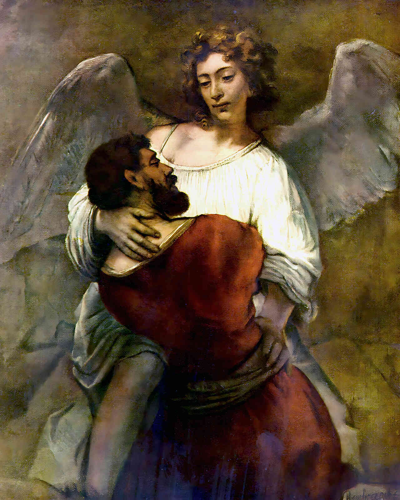 Jacob Wrestling with the Angel Painting by Rembrandt 8x10" Art Print - Restored