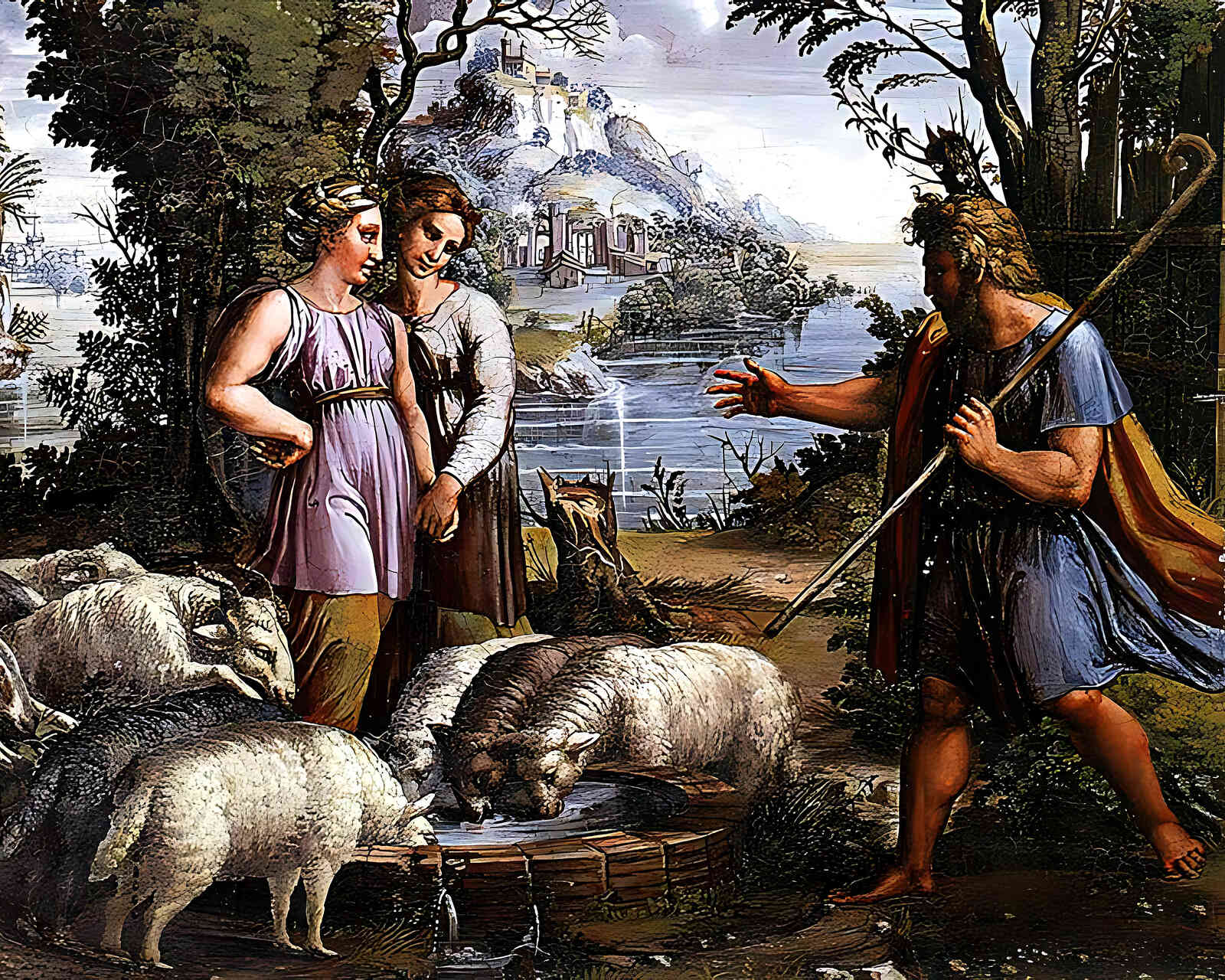 Jacob's Encounter with Rachel Painting by Raphael 8x10" Art Print - Restored