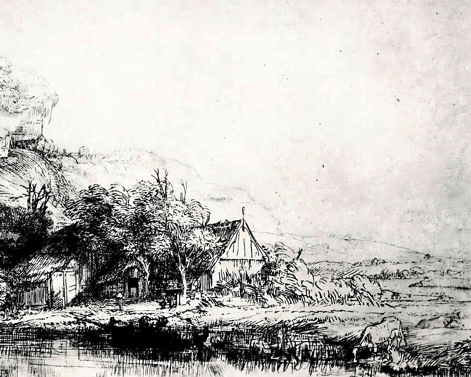 Landscape with a Cow Drinking Painting by Rembrandt 8x10" Art Print - Restored