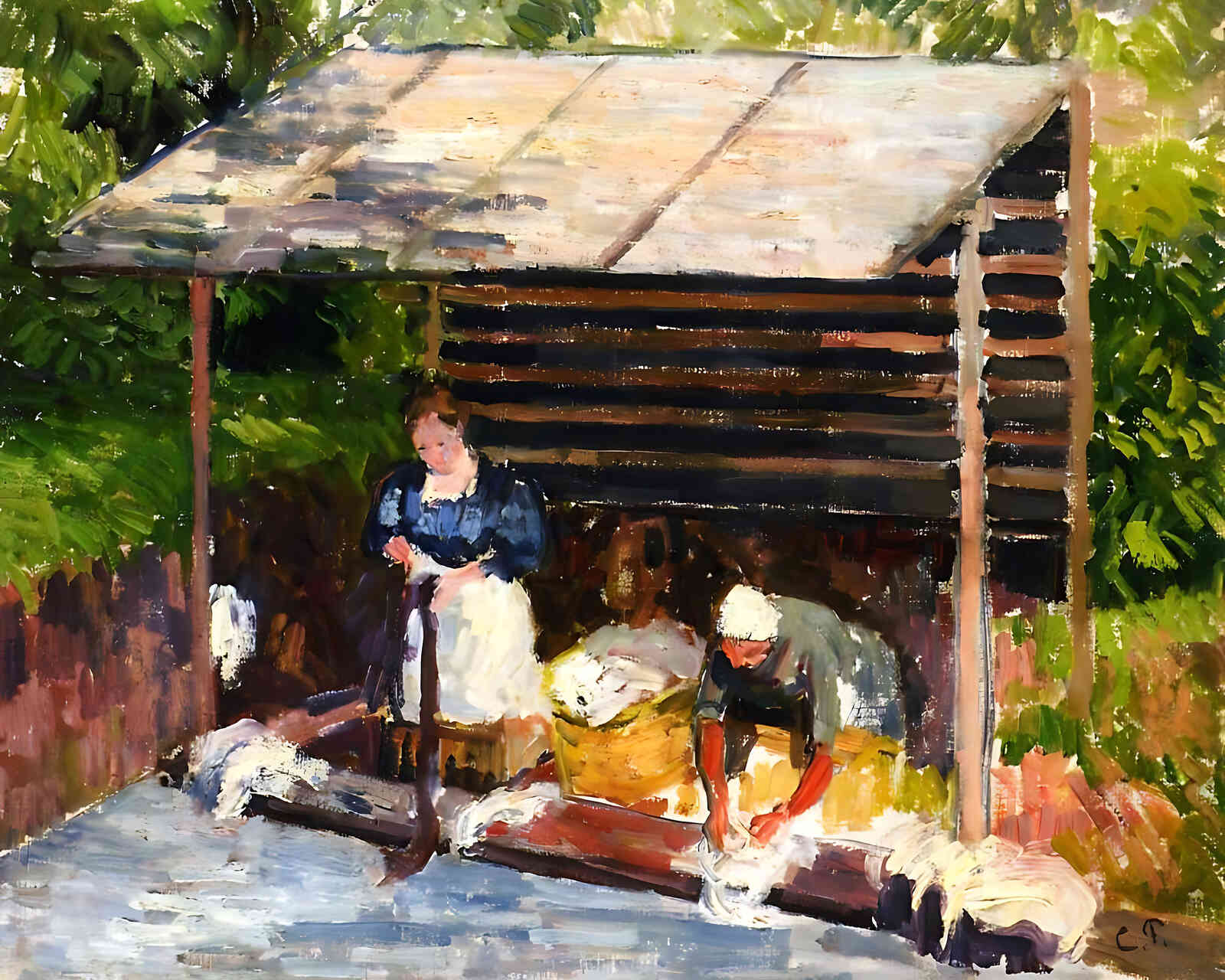 Laundresses at Eragny Painting by Camille Pissarro 8x10" Art Print - Restored