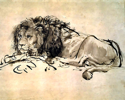 Lion Resting Painting by Rembrandt 8x10" Art Print (Restored Reproduction)