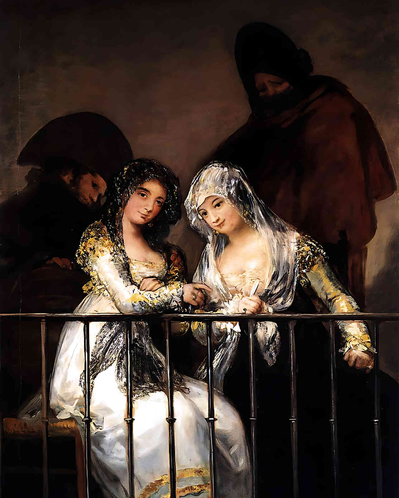 Majas on a Balcony Painting by Francisco Goya 8x10" Art Print - Restored