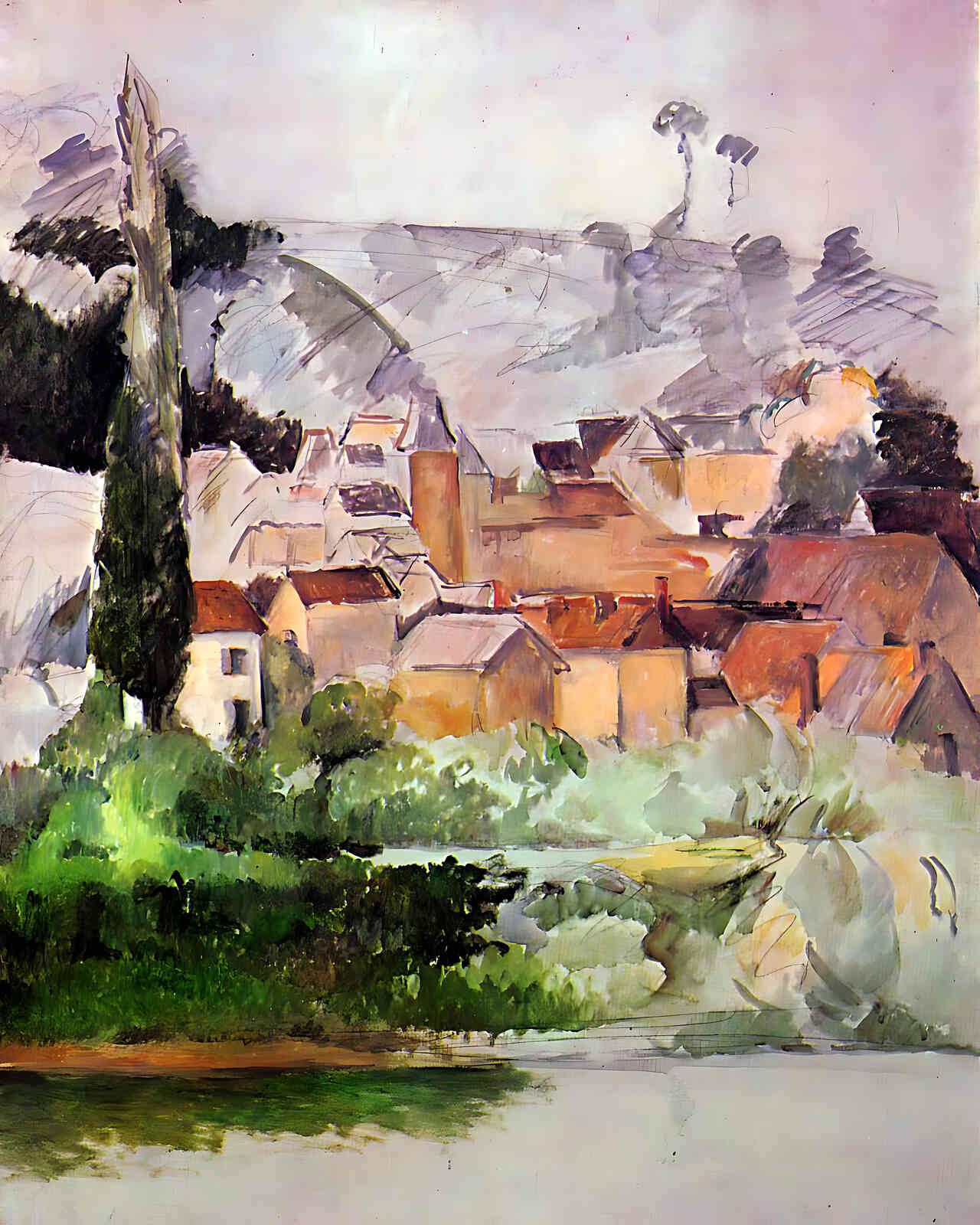 Medan Chateau and Village Painting by Paul Cezanne 8x10" Art Print - Restored