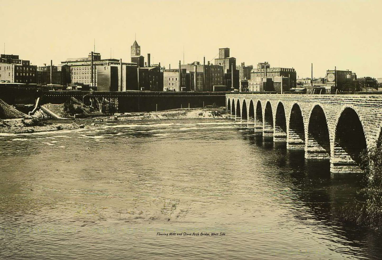 Flouring Mills and Stone Arch Bridge West Side Vintage Print (7 Sizes)
