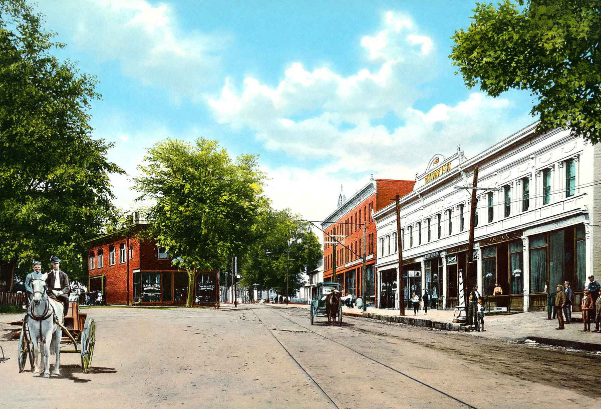 Nashawannuck Square with Horse-Drawn Vehicles, Easthampton, MA Vintage Print