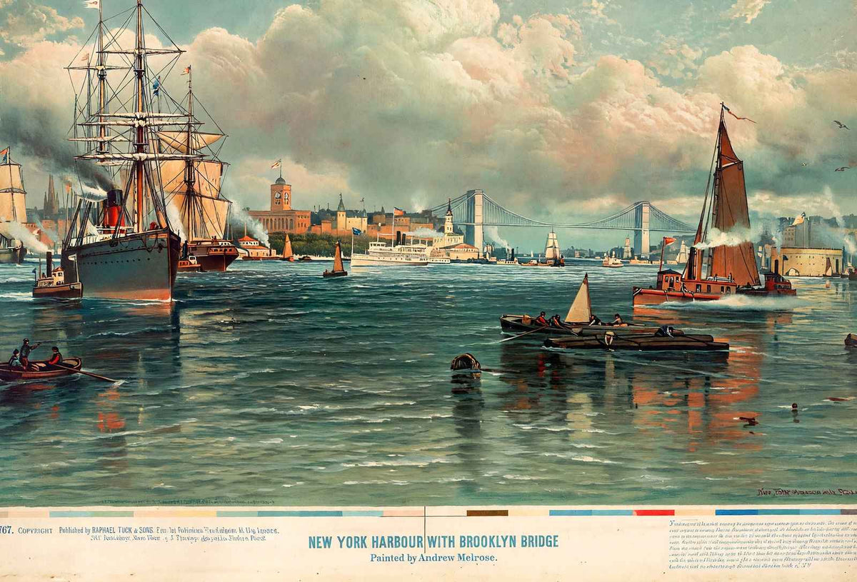 New York Harbor with Brooklyn Bridge by Melrose Reproduction Art Print (6 Sizes)