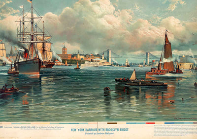 New York Harbor with Brooklyn Bridge by Melrose Reproduction Art Print (6 Sizes)