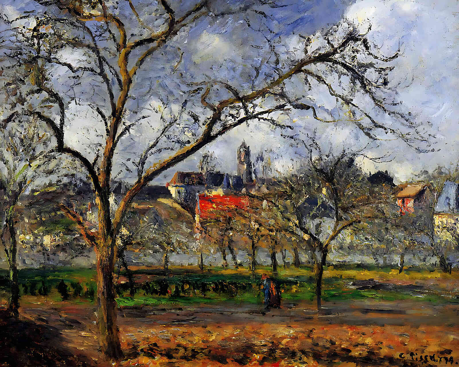 On Orchard in Pontoise in Winter Painting by Camille Pissarro 8x10" Art Print