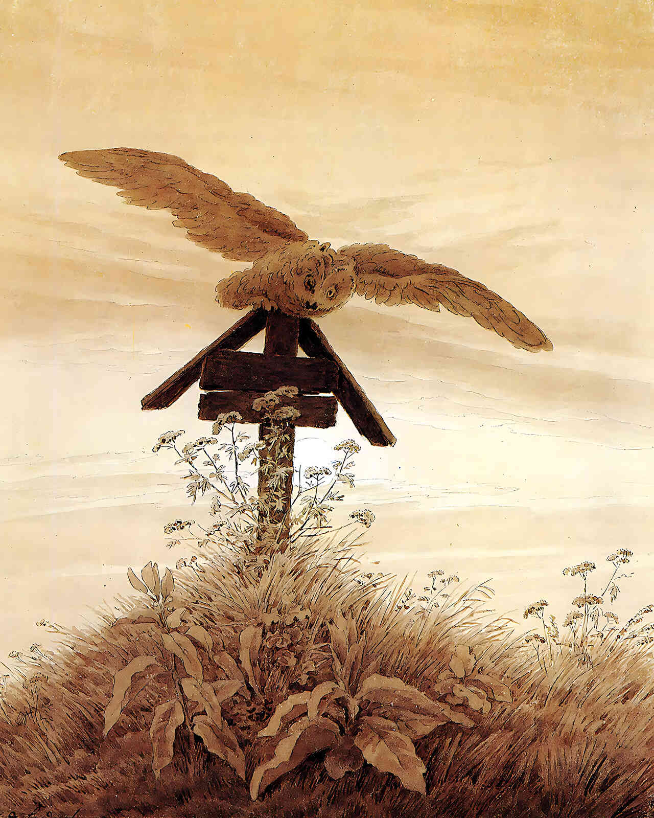 Owl on a Grave Painting by Caspar David Friedrich 8x10" Art Print - Restored
