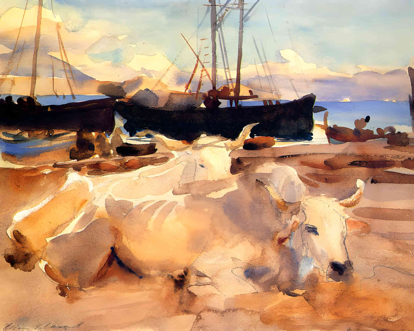 Oxen on the Beach at Baia 1908 Painting by John Singer Sargent 8x10" Art Print