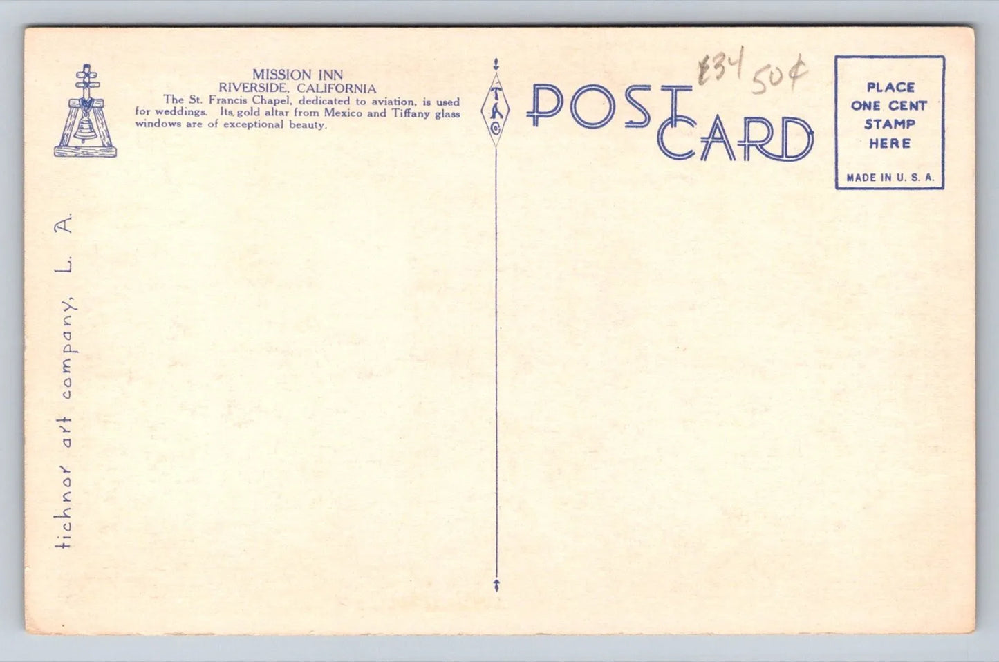 St. Francis Chapel. Mission Inn. Riverside. California Vintage Postcard
