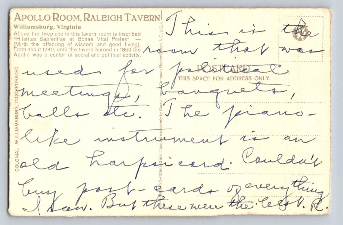 Apollo Room, Raleigh Tavern, Williamsburg, Virginia Vintage Postcard