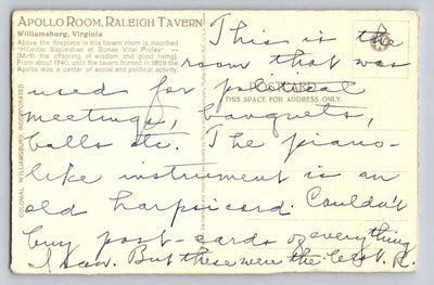 Apollo Room, Raleigh Tavern, Williamsburg, Virginia Vintage Postcard