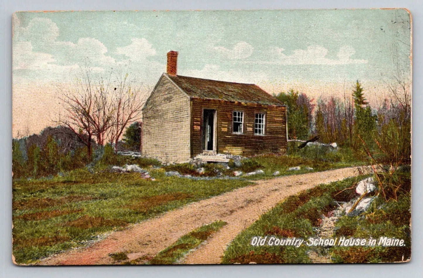 Old Country School House in Maine, Dirt Road Vintage Postcard - Wonderful!