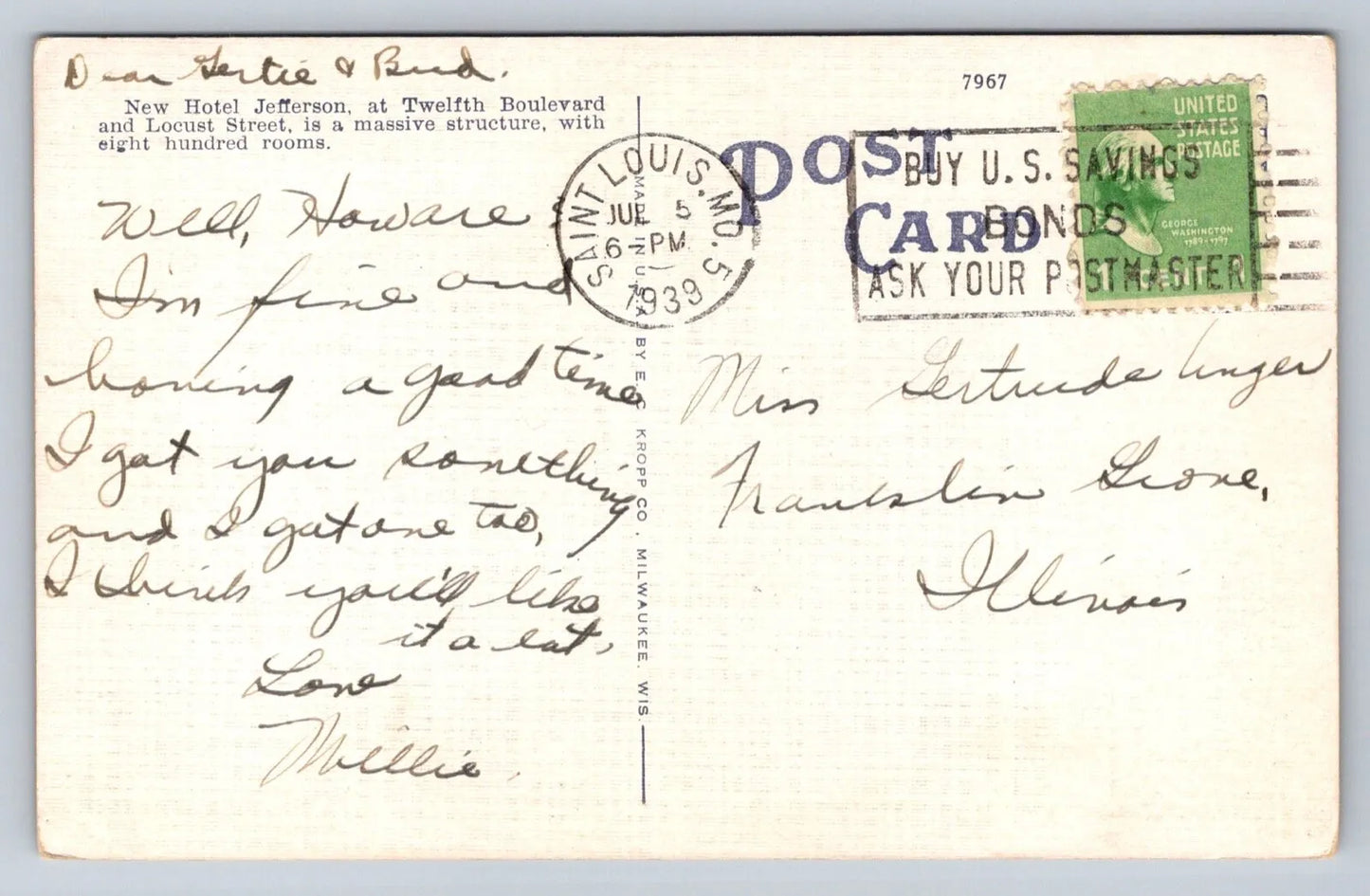 Jefferson Hotel, St. Louis, MO (Missouri) Vintage Wezel & Naumann Postcard