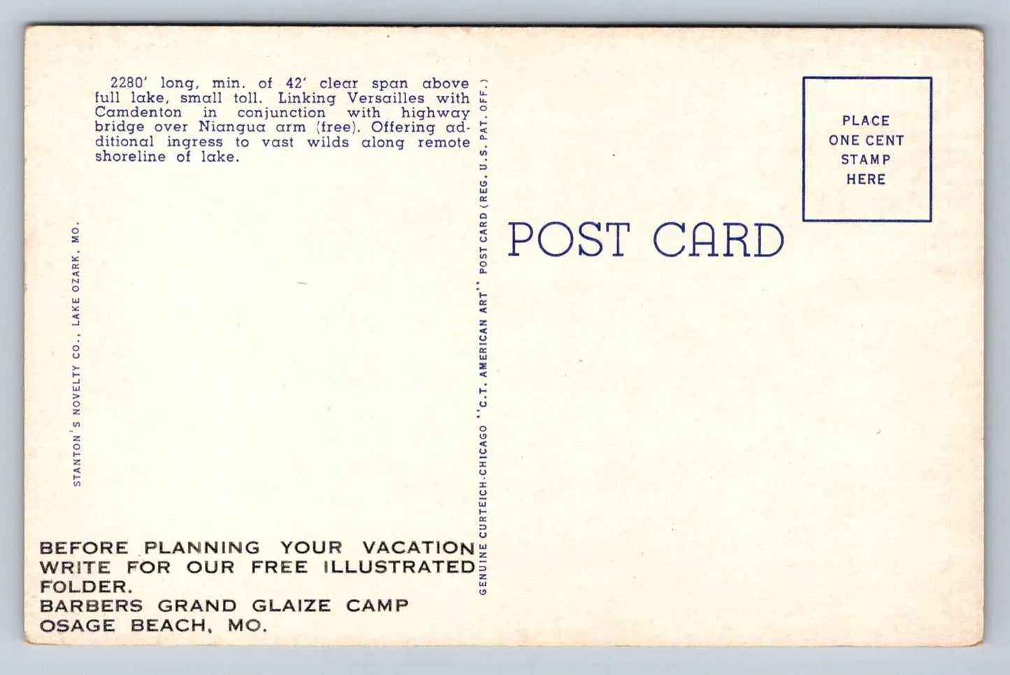 Hurricane Deck Bridge Over Lake of the Ozarks, Osage Beach, MO Missouri Postcard