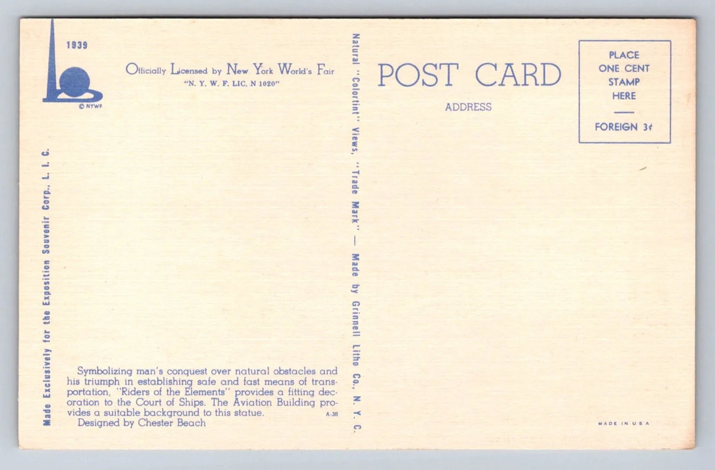 Riders of the Elements, New York World's Fair Vintage Postcard