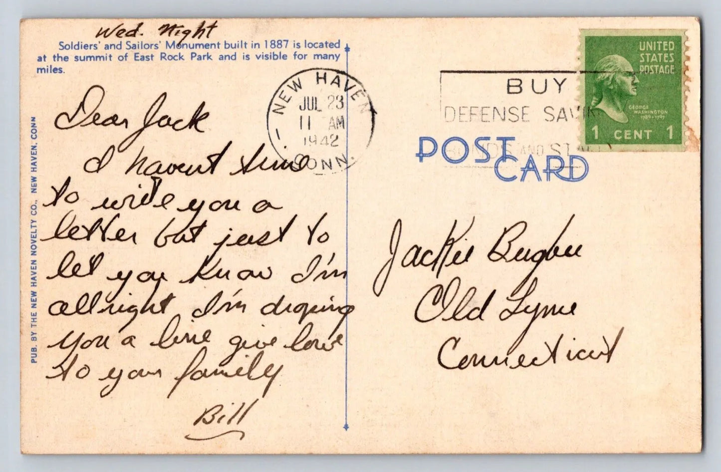 Soldiers' Monument. East Rock Park., New Haven. Conn. Vintage Postcard