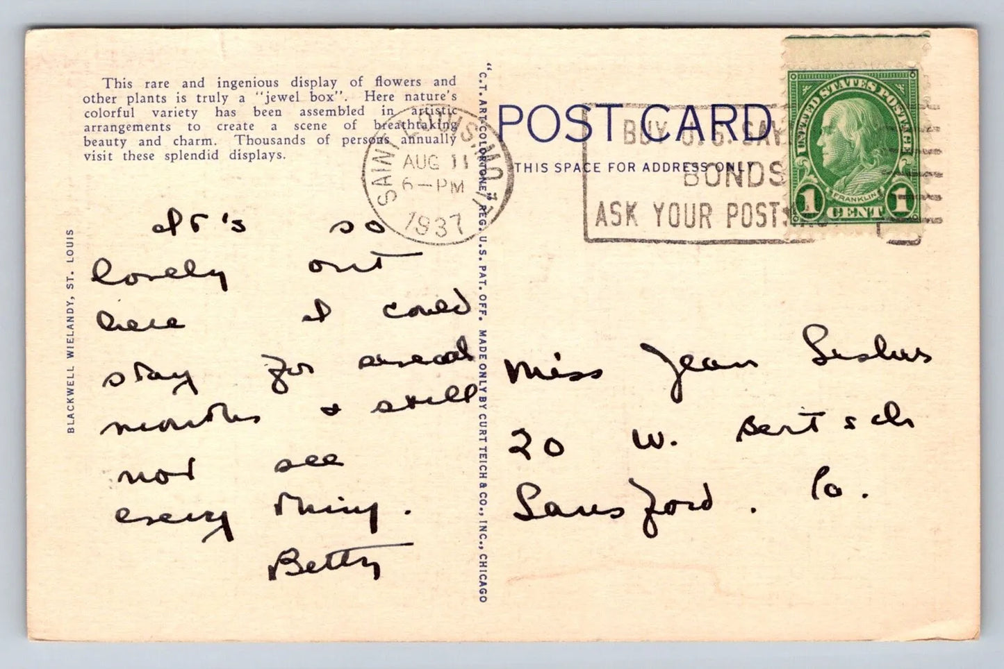 Jewel Box, Forest Park, St. Louis, MO (Missouri) Vintage F. Beau Postcard
