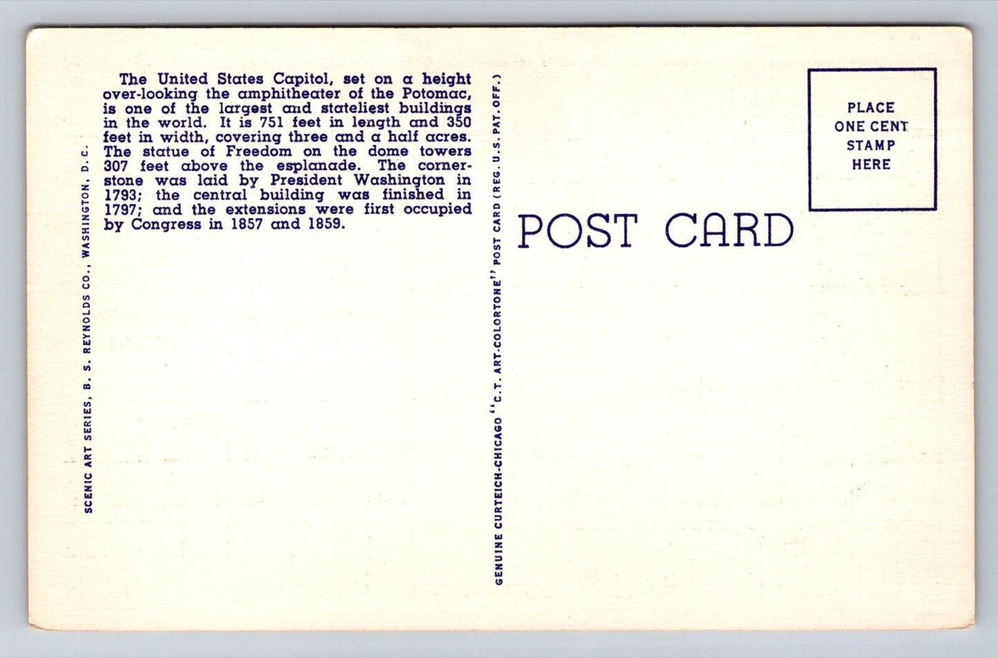 U. S. Capitol, by Night, Washington DC - Moon Vintage B. S. Reynolds Co Postcard