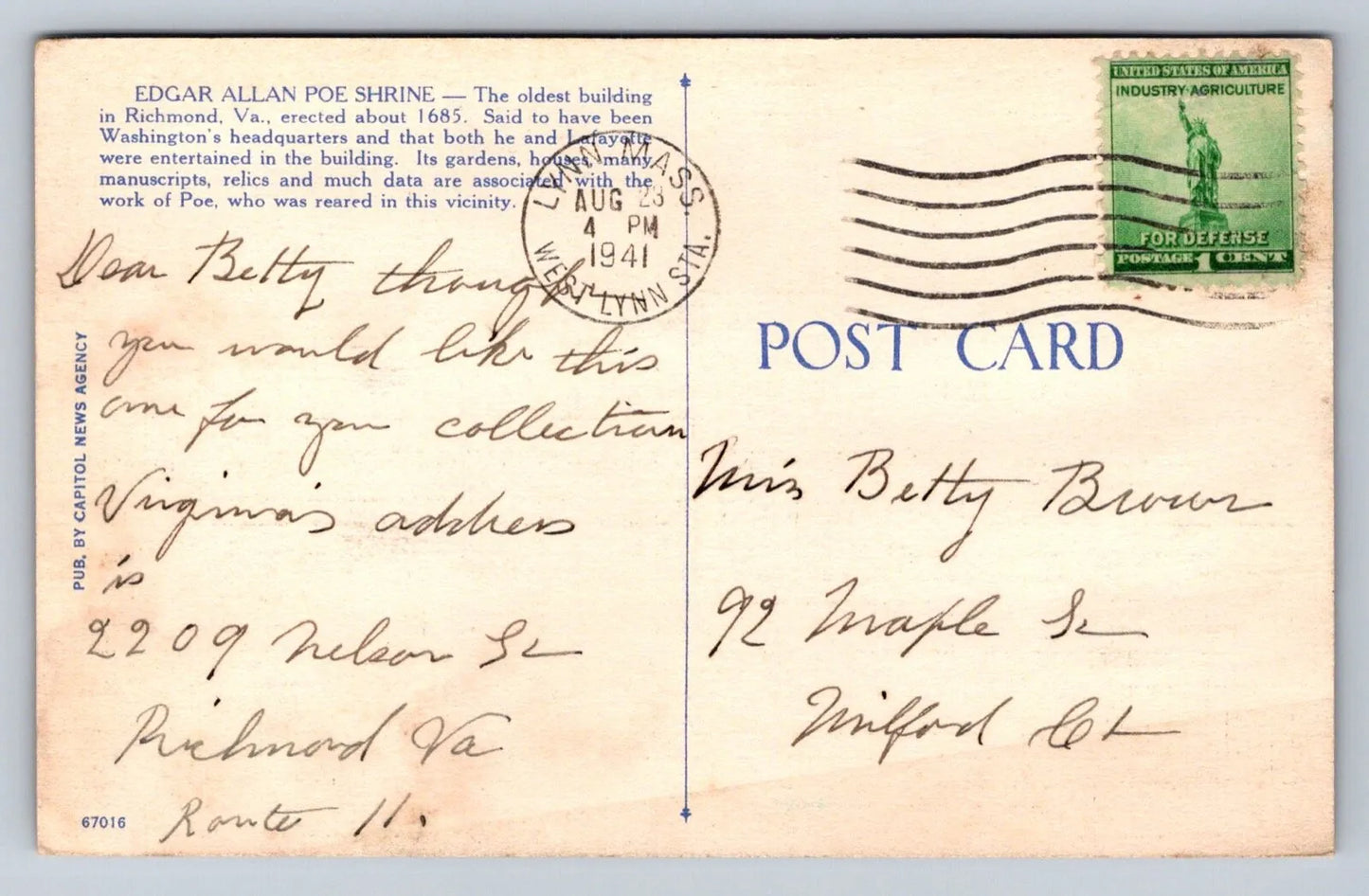 Edgar Allan Poe Shrine., Richmond, Va. Vintage Postcard AWESOME