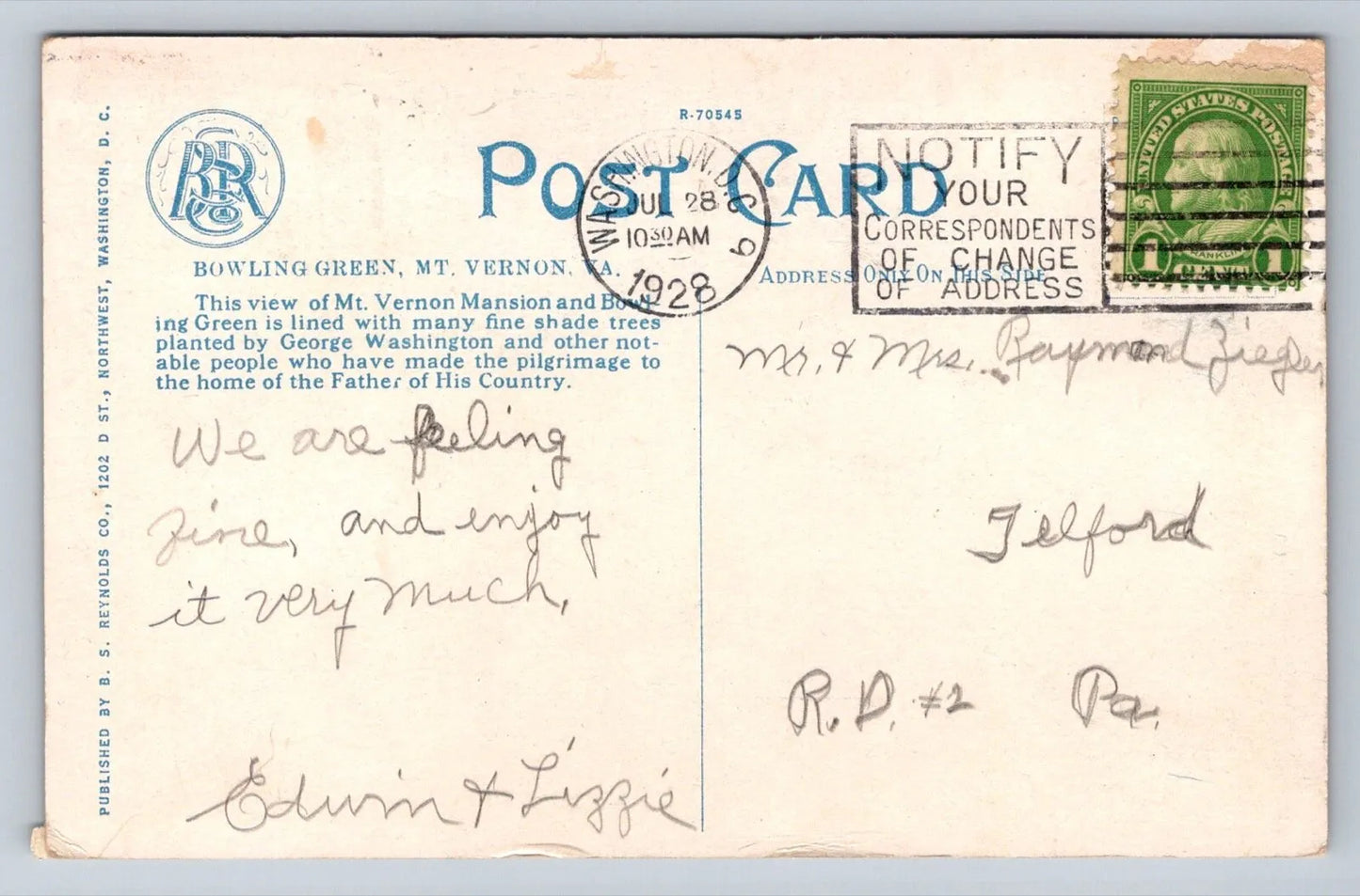 Bowling Green, Mt. Vernon, Virginia Vintage B. S. Reynolds Co Postcard