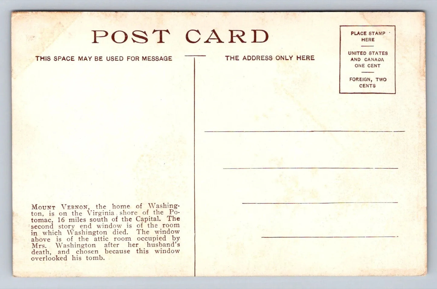 George Washington's Mansion - Mount Vernon, Virginia Vintage Postcard