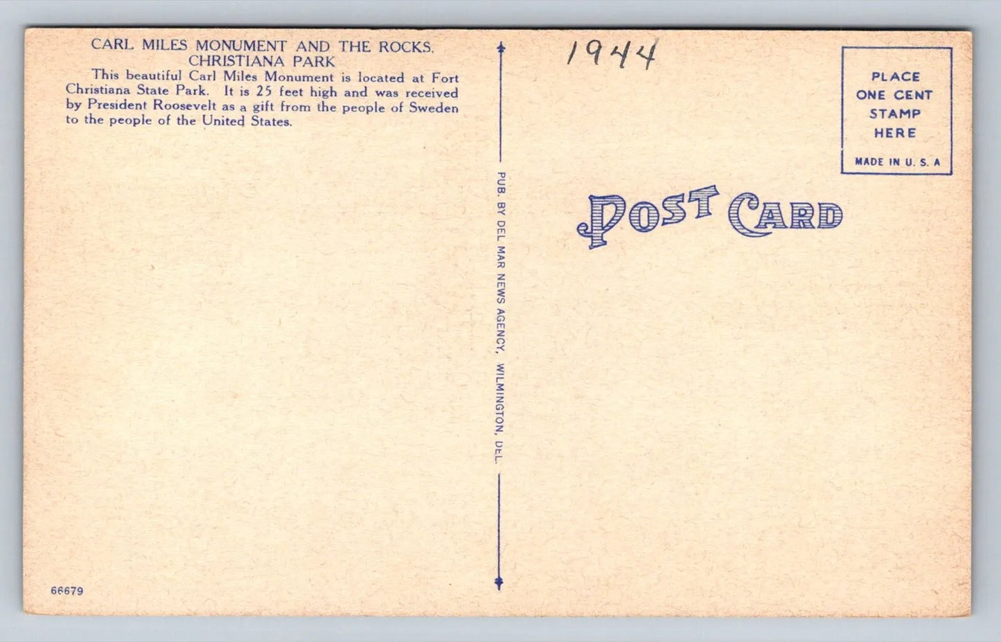 Carl Miles Monument and the Rocks, Christina Park, Wilmington, Delaware Postcard